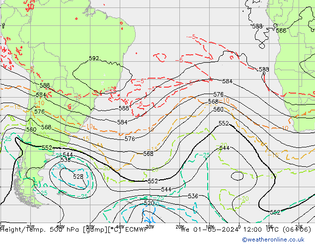 Z500/Rain (+SLP)/Z850 ECMWF Qua 01.05.2024 12 UTC