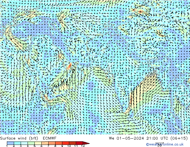 Surface wind (bft) ECMWF We 01.05.2024 21 UTC