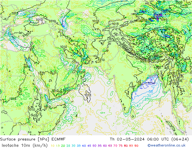 Isotachs (kph) ECMWF чт 02.05.2024 06 UTC