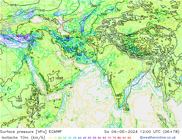 Izotacha (km/godz) ECMWF so. 04.05.2024 12 UTC