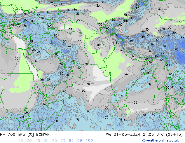 RH 700 hPa ECMWF Qua 01.05.2024 21 UTC