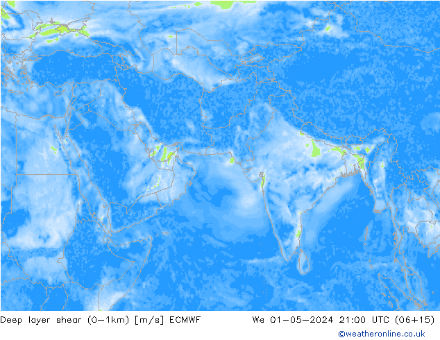 Deep layer shear (0-1km) ECMWF We 01.05.2024 21 UTC