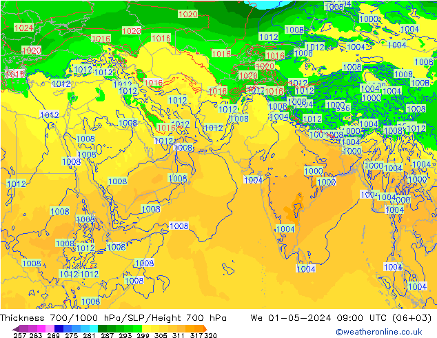 Dikte700-1000 hPa ECMWF wo 01.05.2024 09 UTC