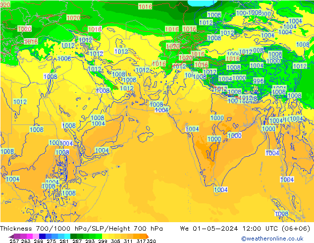 Dikte700-1000 hPa ECMWF wo 01.05.2024 12 UTC