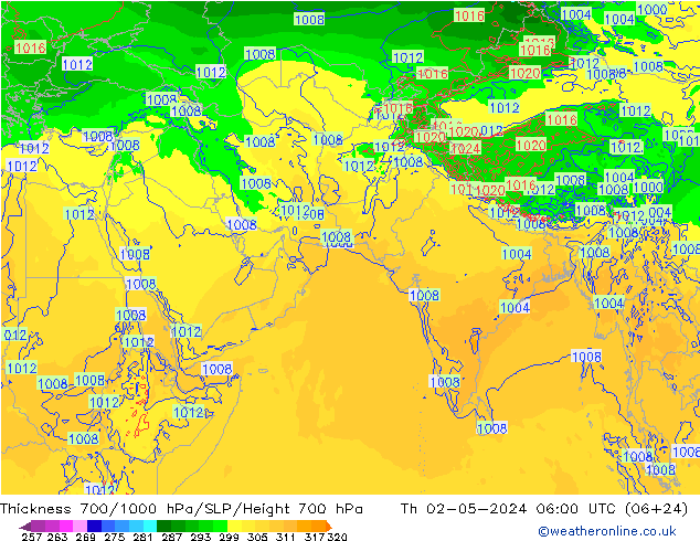 Thck 700-1000 гПа ECMWF чт 02.05.2024 06 UTC