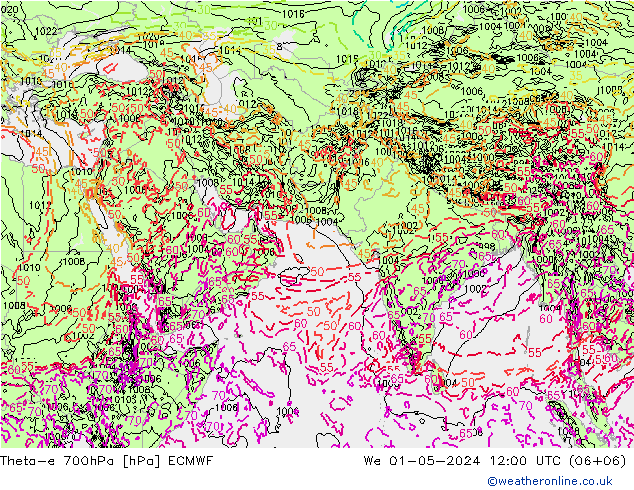 Theta-e 700hPa ECMWF We 01.05.2024 12 UTC