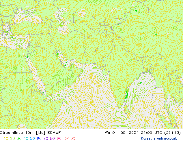 Streamlines 10m ECMWF We 01.05.2024 21 UTC