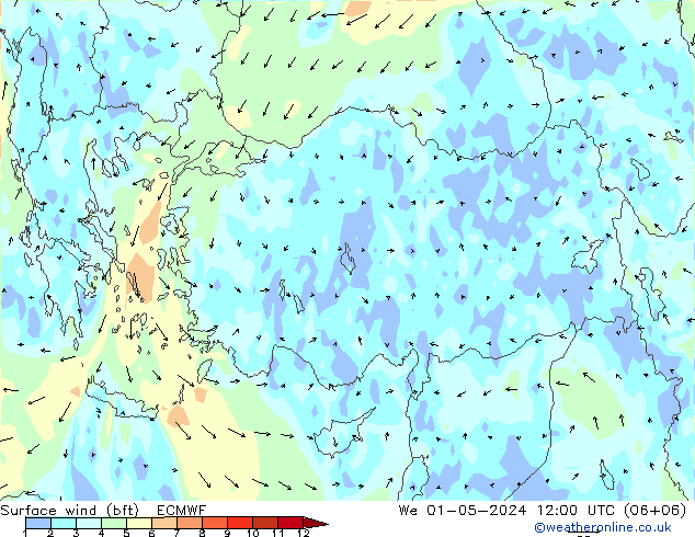 Viento 10 m (bft) ECMWF mié 01.05.2024 12 UTC