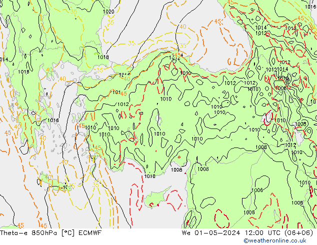 Theta-e 850hPa ECMWF We 01.05.2024 12 UTC