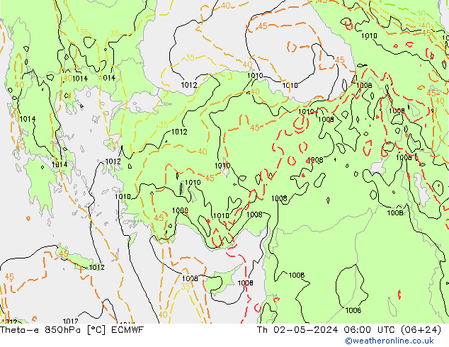 Theta-e 850hPa ECMWF Th 02.05.2024 06 UTC