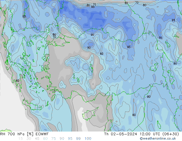 RH 700 hPa ECMWF gio 02.05.2024 12 UTC