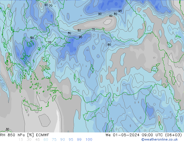 Humedad rel. 850hPa ECMWF mié 01.05.2024 09 UTC