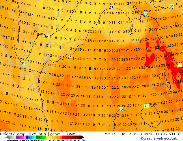 Yükseklik/Sıc. 925 hPa ECMWF Çar 01.05.2024 09 UTC