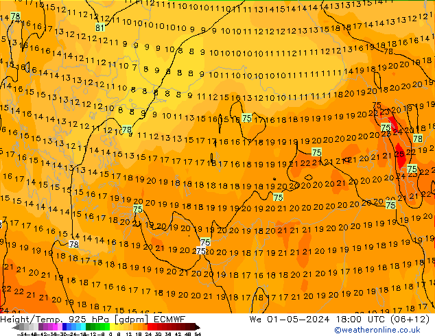 Height/Temp. 925 hPa ECMWF We 01.05.2024 18 UTC