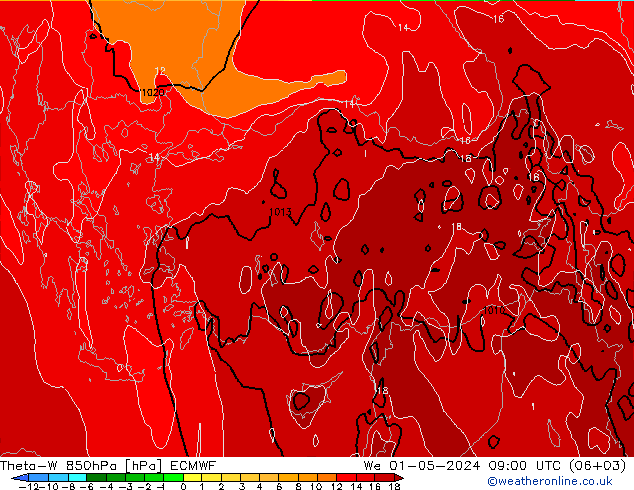 Theta-W 850hPa ECMWF Çar 01.05.2024 09 UTC