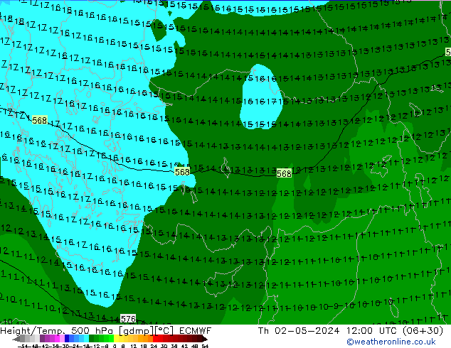 Z500/Rain (+SLP)/Z850 ECMWF Čt 02.05.2024 12 UTC