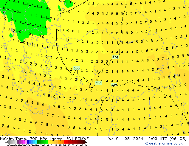 Height/Temp. 700 hPa ECMWF We 01.05.2024 12 UTC