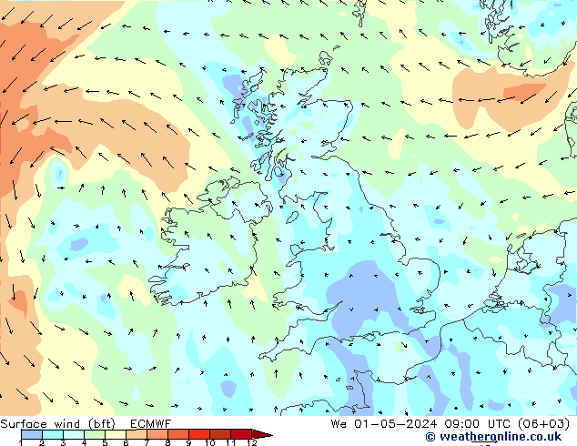 Vento 10 m (bft) ECMWF mer 01.05.2024 09 UTC