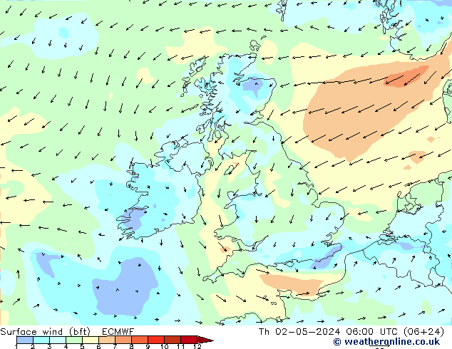 Surface wind (bft) ECMWF Čt 02.05.2024 06 UTC