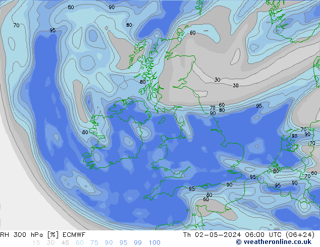 RH 300 hPa ECMWF Čt 02.05.2024 06 UTC