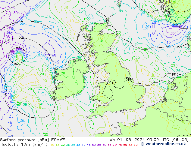 Eşrüzgar Hızları (km/sa) ECMWF Çar 01.05.2024 09 UTC