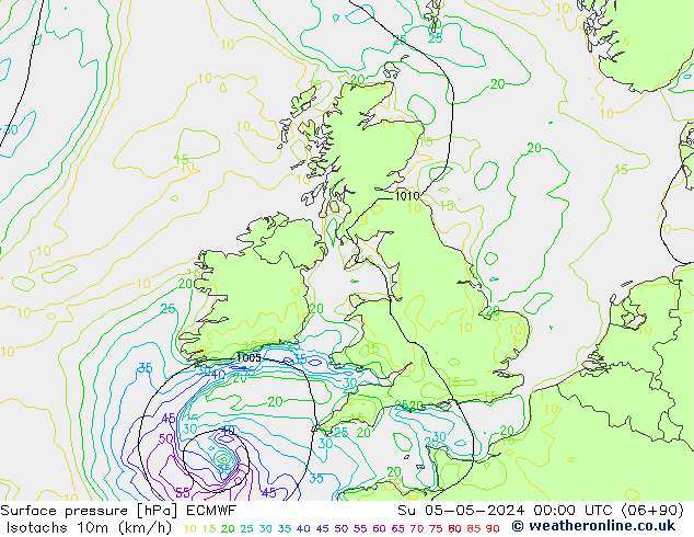 Eşrüzgar Hızları (km/sa) ECMWF Paz 05.05.2024 00 UTC