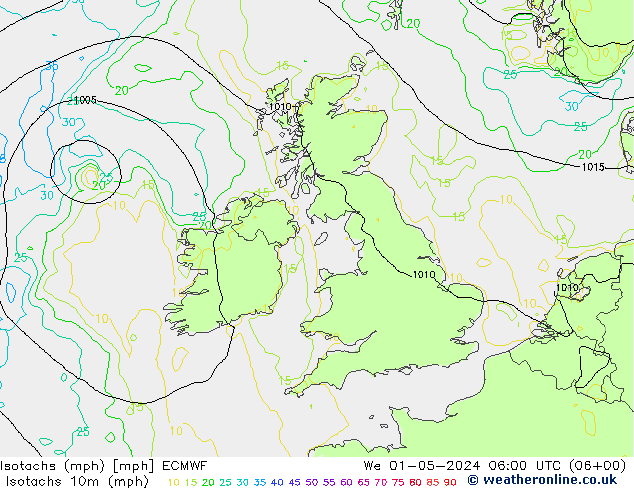 Isotaca (mph) ECMWF mié 01.05.2024 06 UTC