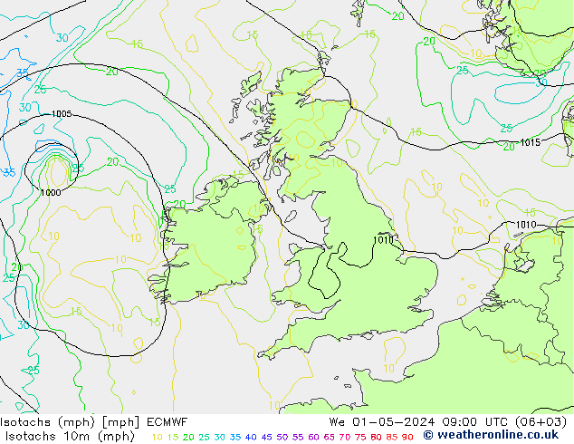 Izotacha (mph) ECMWF śro. 01.05.2024 09 UTC