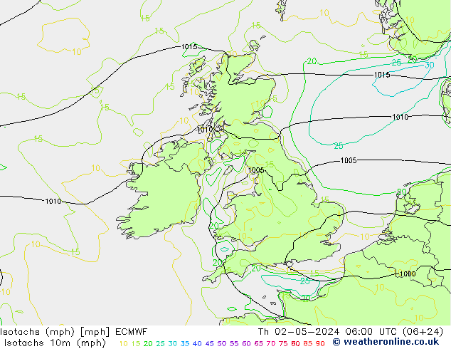 Isotachs (mph) ECMWF Čt 02.05.2024 06 UTC