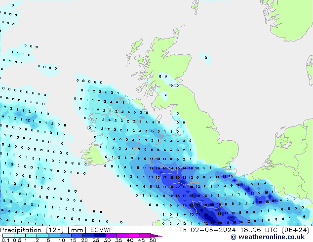 Precipitation (12h) ECMWF Čt 02.05.2024 06 UTC