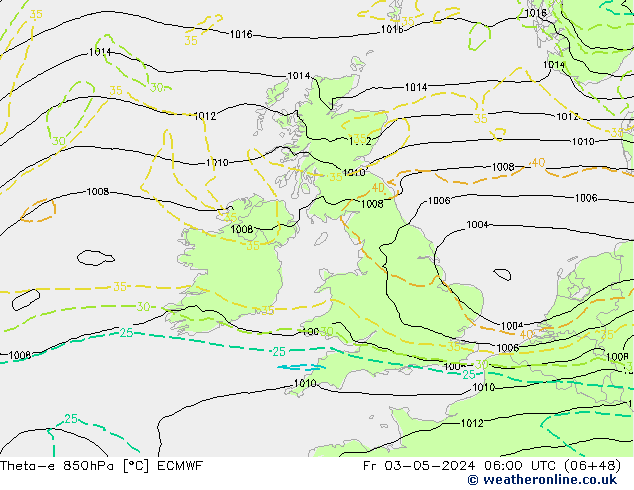 Theta-e 850hPa ECMWF ven 03.05.2024 06 UTC