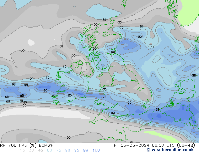 Humedad rel. 700hPa ECMWF vie 03.05.2024 06 UTC