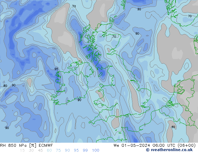 Humedad rel. 850hPa ECMWF mié 01.05.2024 06 UTC