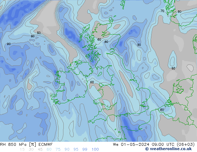 RH 850 hPa ECMWF śro. 01.05.2024 09 UTC