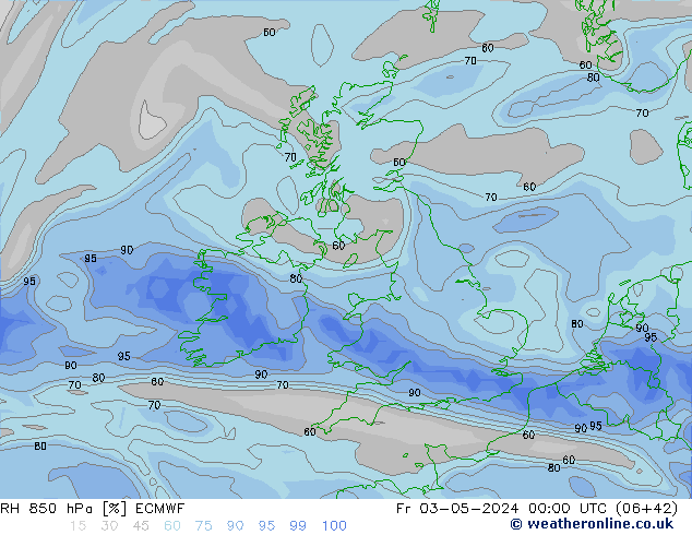 RH 850 hPa ECMWF Pá 03.05.2024 00 UTC