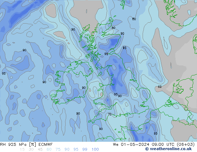 RH 925 hPa ECMWF śro. 01.05.2024 09 UTC