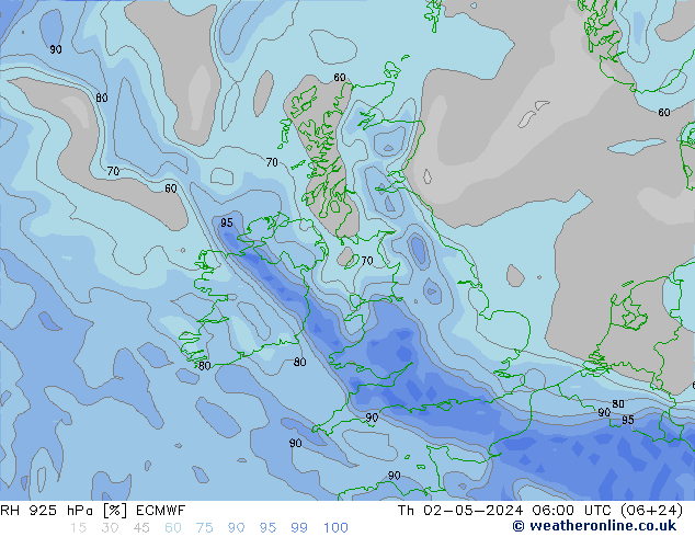 Humedad rel. 925hPa ECMWF jue 02.05.2024 06 UTC