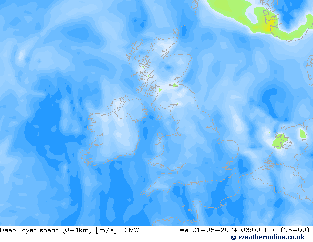 Deep layer shear (0-1km) ECMWF mié 01.05.2024 06 UTC