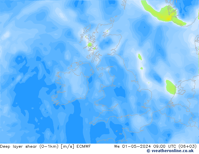 Deep layer shear (0-1km) ECMWF śro. 01.05.2024 09 UTC