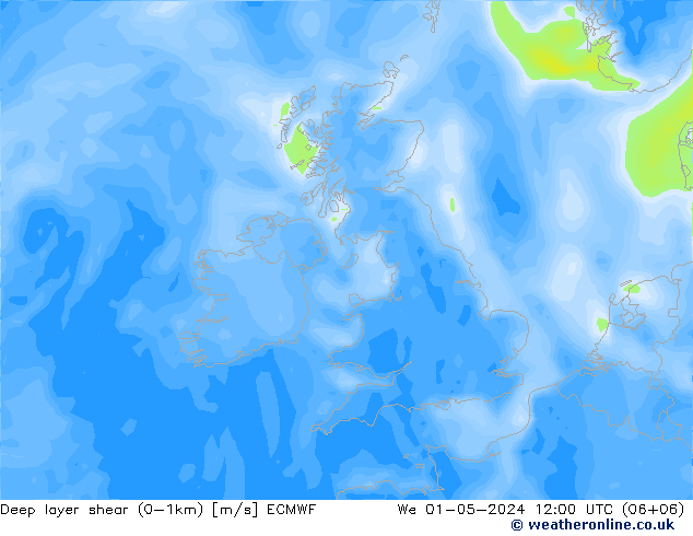 Deep layer shear (0-1km) ECMWF St 01.05.2024 12 UTC