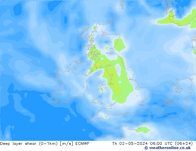 Deep layer shear (0-1km) ECMWF Čt 02.05.2024 06 UTC