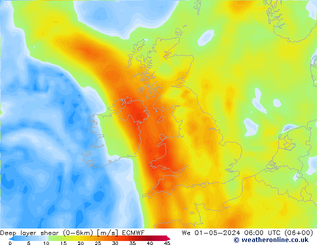 Deep layer shear (0-6km) ECMWF mié 01.05.2024 06 UTC