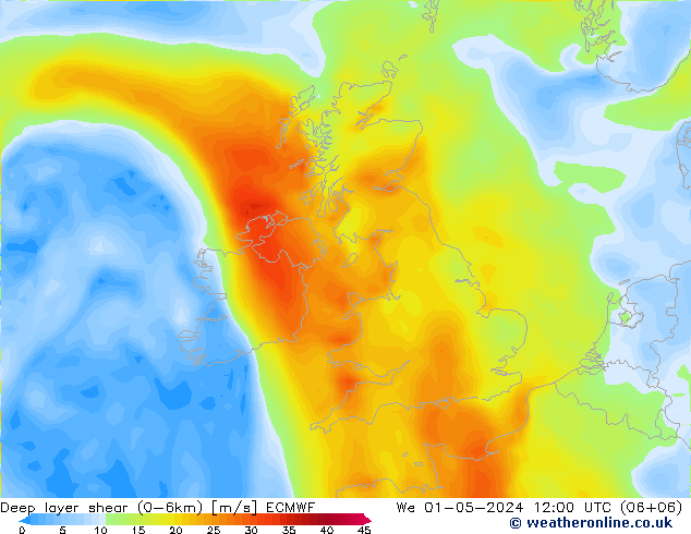 Deep layer shear (0-6km) ECMWF mié 01.05.2024 12 UTC