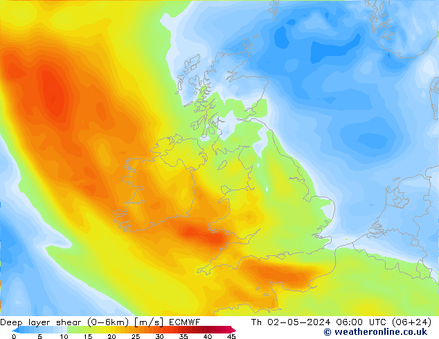 Deep layer shear (0-6km) ECMWF Čt 02.05.2024 06 UTC