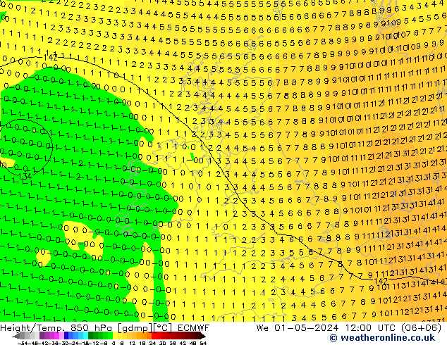 Z500/Rain (+SLP)/Z850 ECMWF Mi 01.05.2024 12 UTC