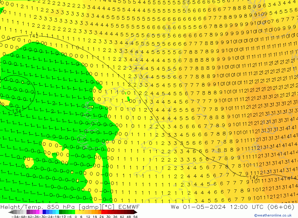 Z500/Rain (+SLP)/Z850 ECMWF mer 01.05.2024 12 UTC