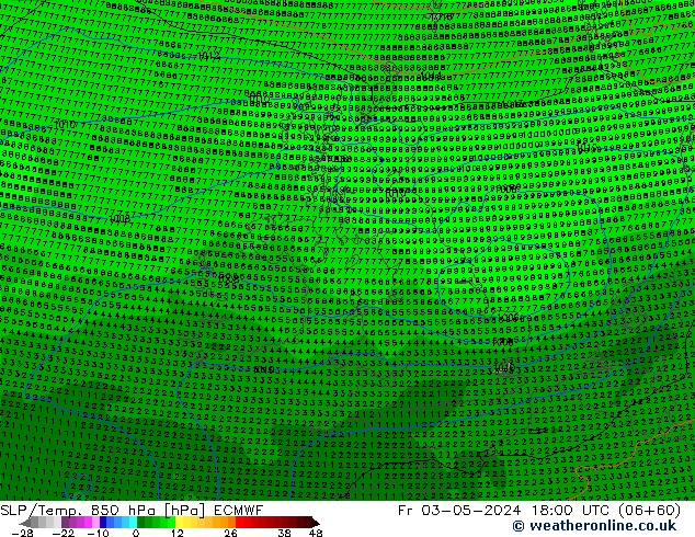 SLP/Temp. 850 гПа ECMWF пт 03.05.2024 18 UTC