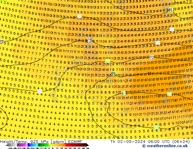 Height/Temp. 925 hPa ECMWF Čt 02.05.2024 06 UTC