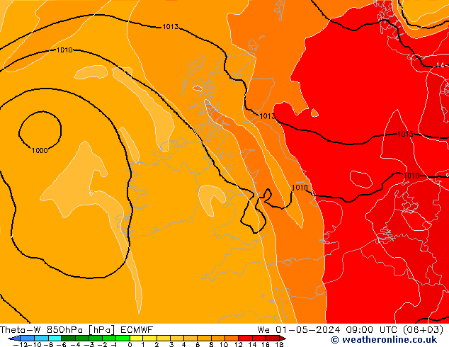 Theta-W 850hPa ECMWF śro. 01.05.2024 09 UTC