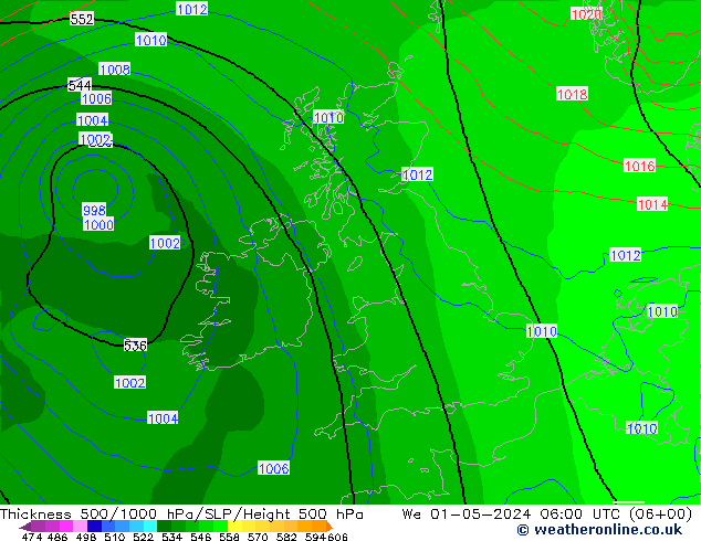 Espesor 500-1000 hPa ECMWF mié 01.05.2024 06 UTC